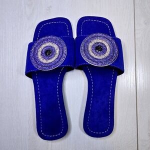 Blue Evil Eye Rhinestone Slide Sandals Square Toe Faux Suede Flats Size 38